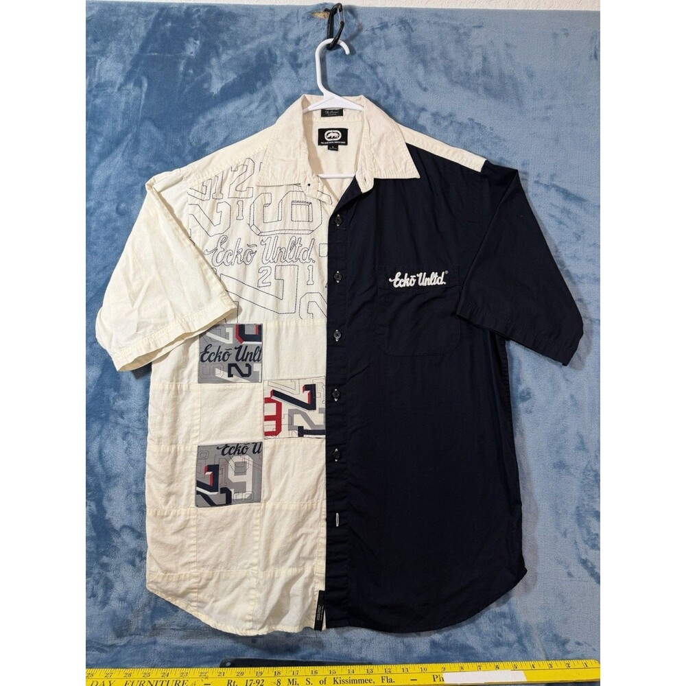 VTG Ecko Unltd The Rambo Patchwork Shirt Men L Split Two Tone Streetwear Y2K